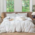 MooMee Striped Duvet Cover Set 100% Washed Cotton Linen Like Queen