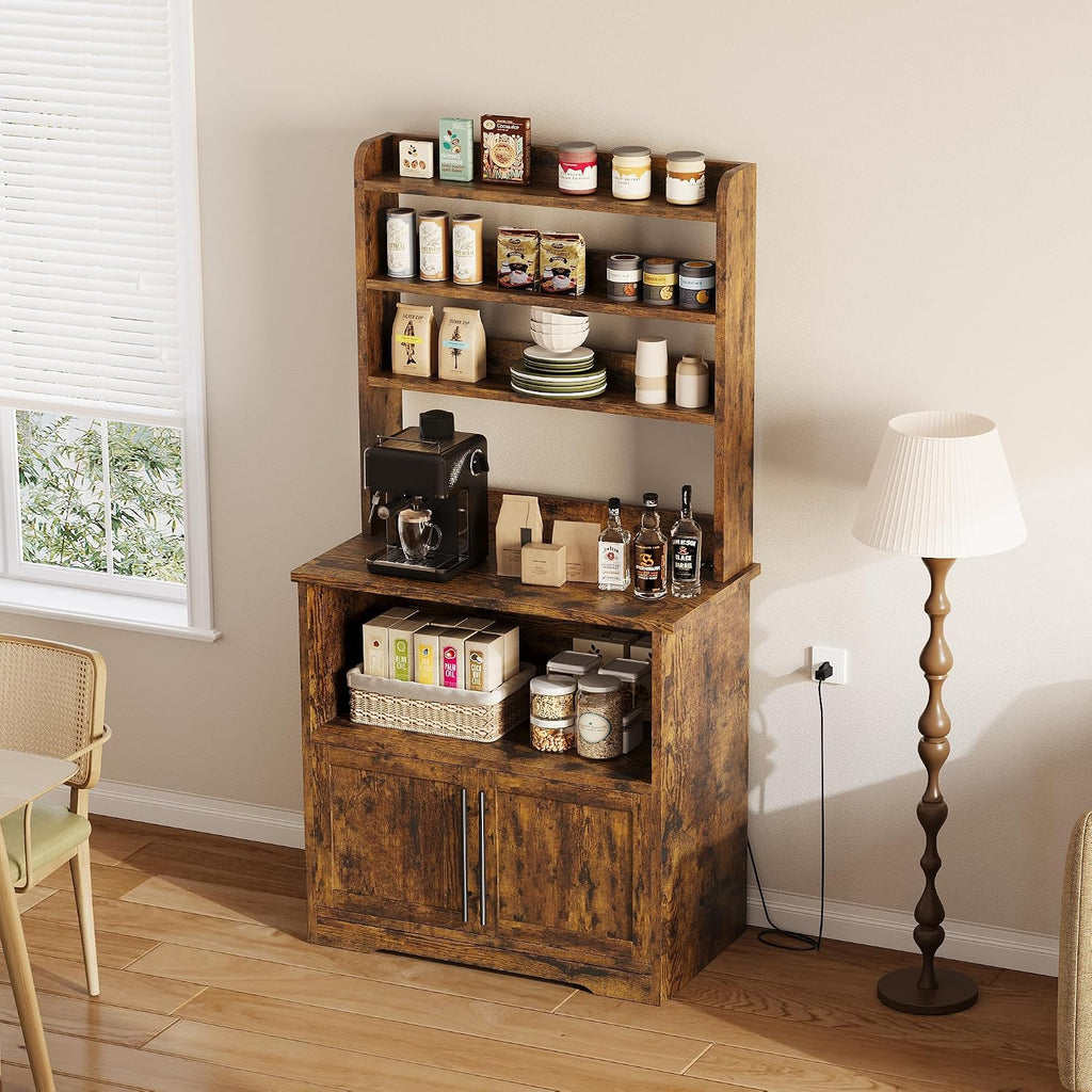 63" Kitchen Bakers Rack with Power Outlet, Coffee Bar Cabinet