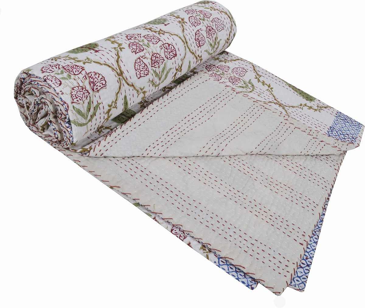 YUVANCRAFTS Indian Block Print Quilt Queen Kantha Quilts Kantha Throw Kantha Bedspread Blanket Cotton Bed Cover Vintage Quilt Boho Kantha Quilts Queen Size Quilt Blanket (Queen 90 X 108 Inch, White 4)