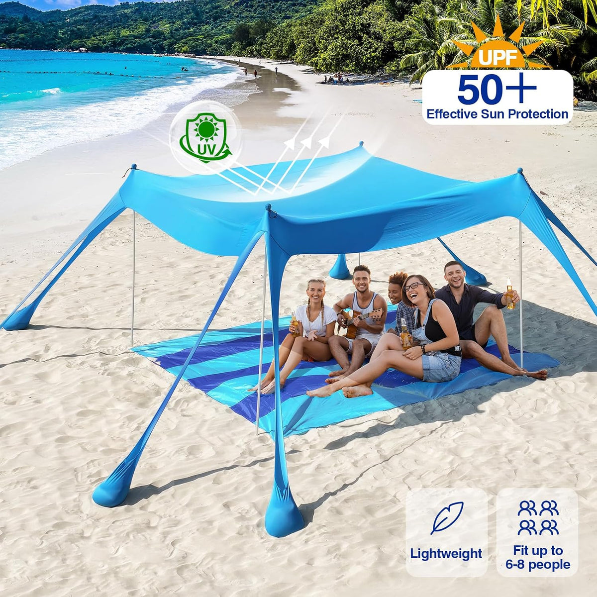 Rhino Valley 10 x 10 FT Beach Tent UPF50+ with 8 Sandbags 4 Poles, Sky Blue