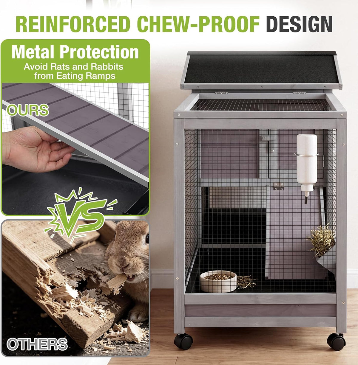 Bunny Cage Indoor and Outdoor Rabbit Hutch with Casters Waterproof Roof, Pull Out Tray from Back and Front 61.2" L x 22.6" W x 33.5" H