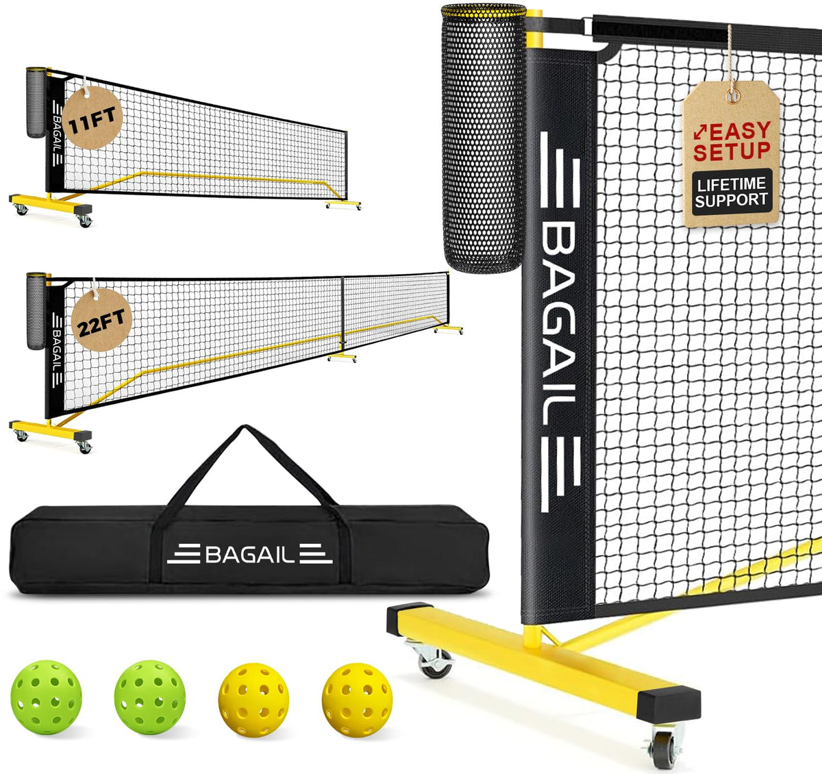 BAGAIL Portable Pickleball Net Set, 22 FT Regulation Size Pickle Ball Net with Ball Collector, 4 Balls and Carry Bag, Easy Setup for Outdoor Indoor Driveway