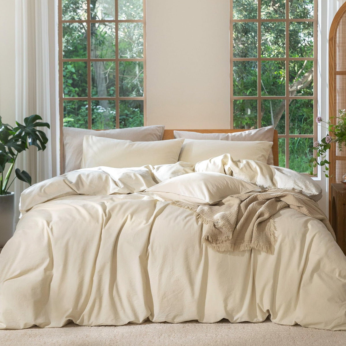 MooMee Duvet Cover Set 100% Washed Cotton Linen Like King
