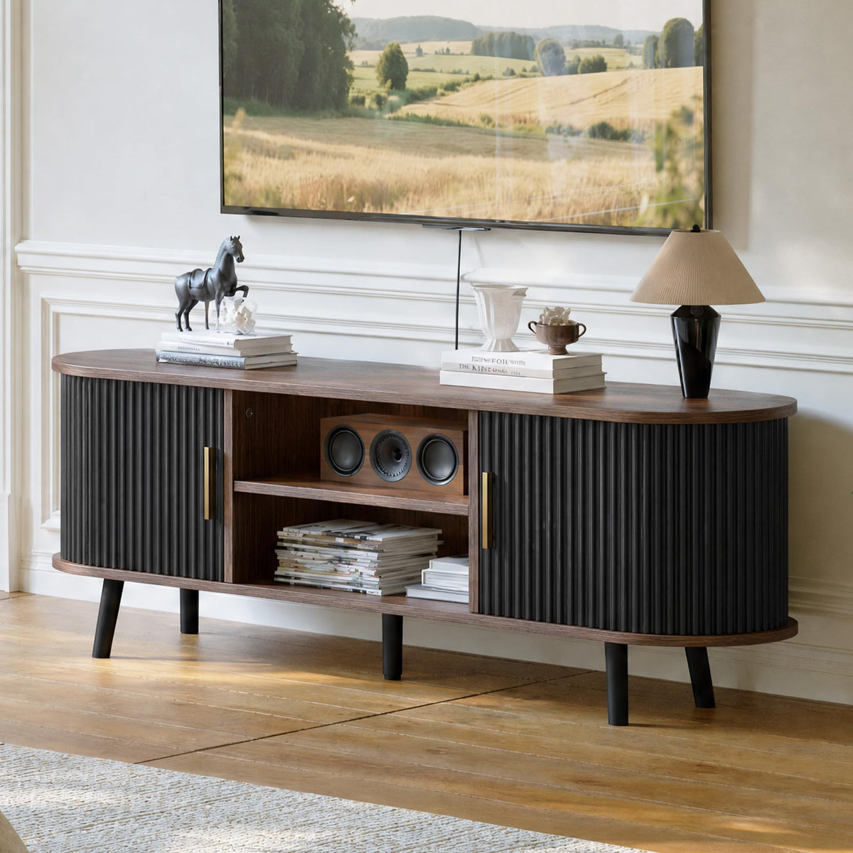ChooChoo 54" Mid Century Modern TV Stand with Fluted Sliding Doors