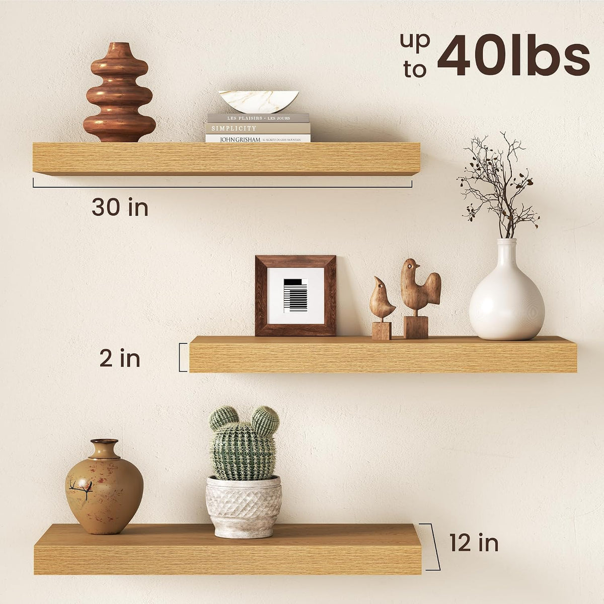 30Inch Oak Floating Shelves for Wall, 12 Inch Deep Shelves for Bedroom, Kitchen, Bathroom Wall Mounted, Rustic Wood Floating Shelf with Invisible Brackets for Books, Storage, Decor, 2 Packs