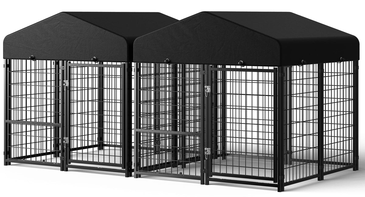 Dog Kennel Outdoor, Large Outside Dog Kennel with Roof & Swivel Feeders/Removable Doggy Door Allow Connecting Your Dog House, Heavy Duty Dog Run Pen for Medium/Large Dogs (8'L x 4'W x 6'H)