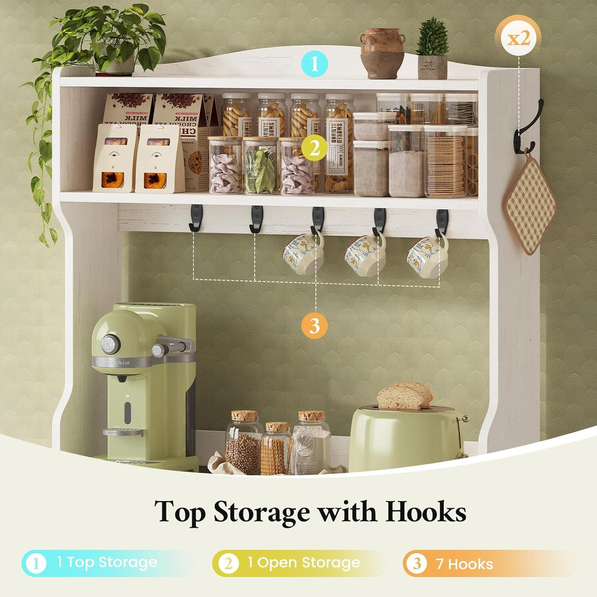 Bakers Rack with Storage and Power Outlet, 31.5 inch Farmhouse Coffee Bar Cabinet, Microwave Stand with Storage Cabinet, 7 Hooks and Curved Design for Kitchen, Coffee Bar, Walnut, White