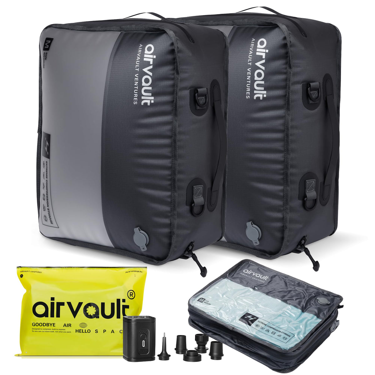 AirVault Reusable Vacuum Compression Travel Bag for Carry-On Suitcase and Backpack, Recycled IPX8 Waterproof Space Saver Vacpack (21L Gray (3-Pack) (Air Pump Included)