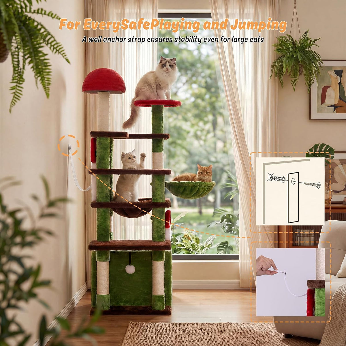 IRONCK 58" Cute Mushroom Cat Tree with Condo and Hammock