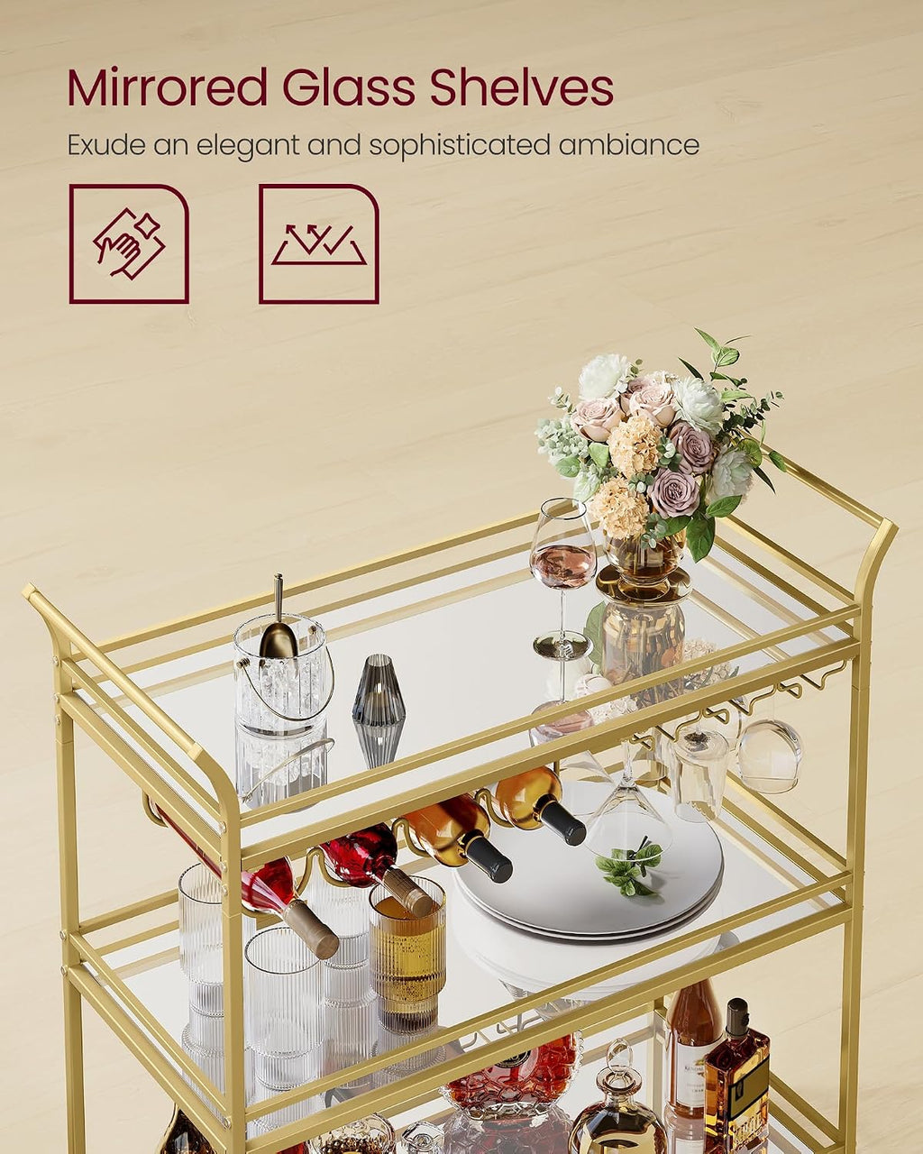 VASAGLE Bar Cart Gold, Large Home Bar Serving Cart with 3-Tier