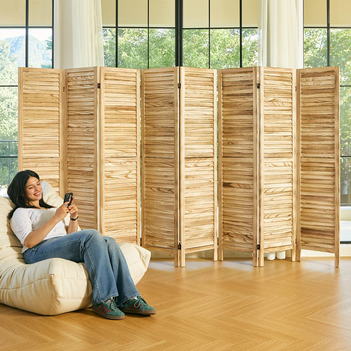 Room Dividers and Folding Privacy Screens, Wood Louvered Separators Divider Wall for Home Office Bedroom - 4 Panels, 67 * 60inch (White-Washed)