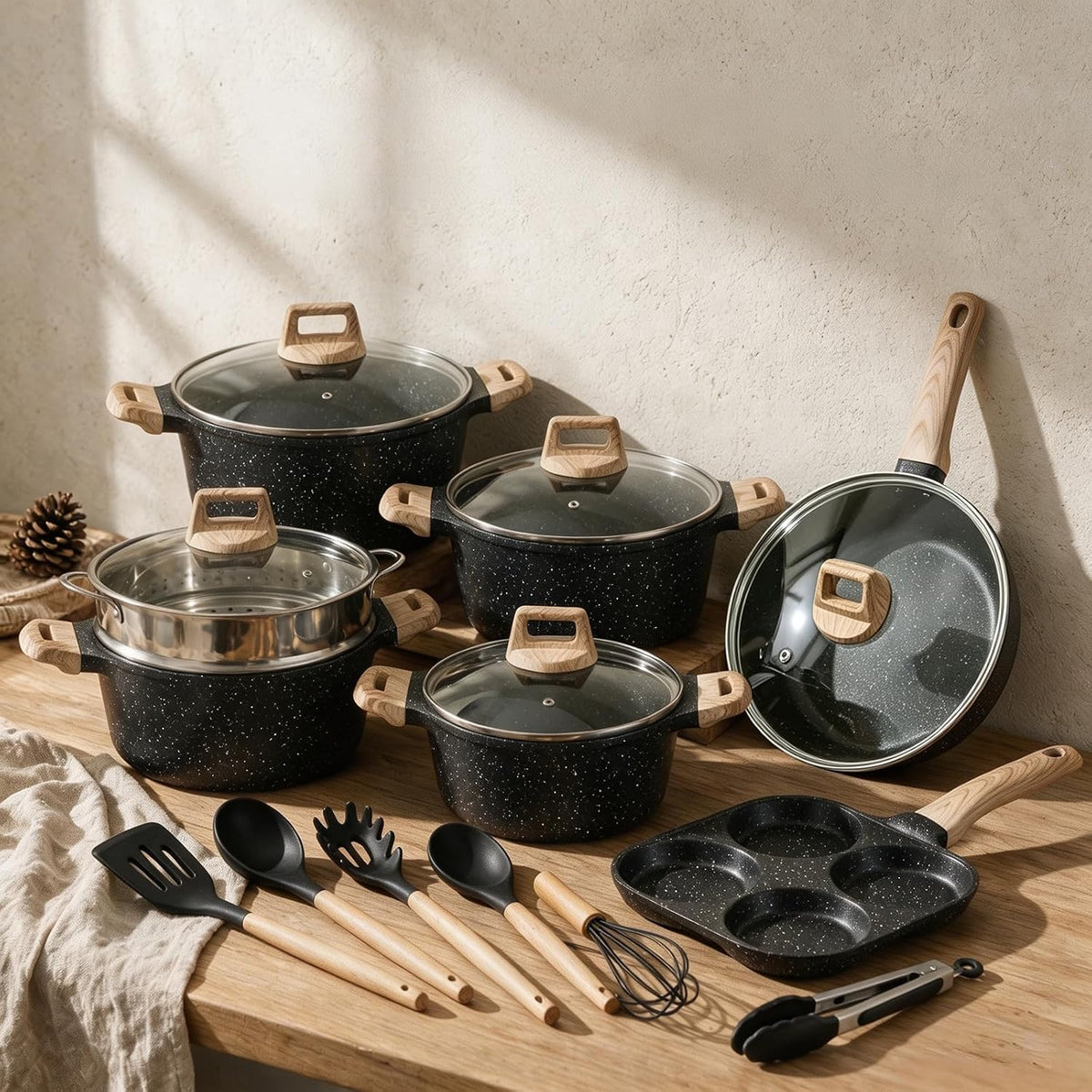 29-Piece Nonstick Cookware Set, Sauce Pots and Pans,3.5QT/4QT/5QT/8.8QT STOCK POT,10 PAN protector,7 utensil,All Cooktops Compatible, Includes Steamer,black