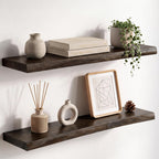 Live Edge Elm Floating Shelves - 24 In Rustic Solid Wood Shelves with Heavy-Duty Invisible Bracket, Wall-Mounted Wooden Shelf for Living Room, Bathroom, Kitchen Storage & Display, Set of 2, Natural