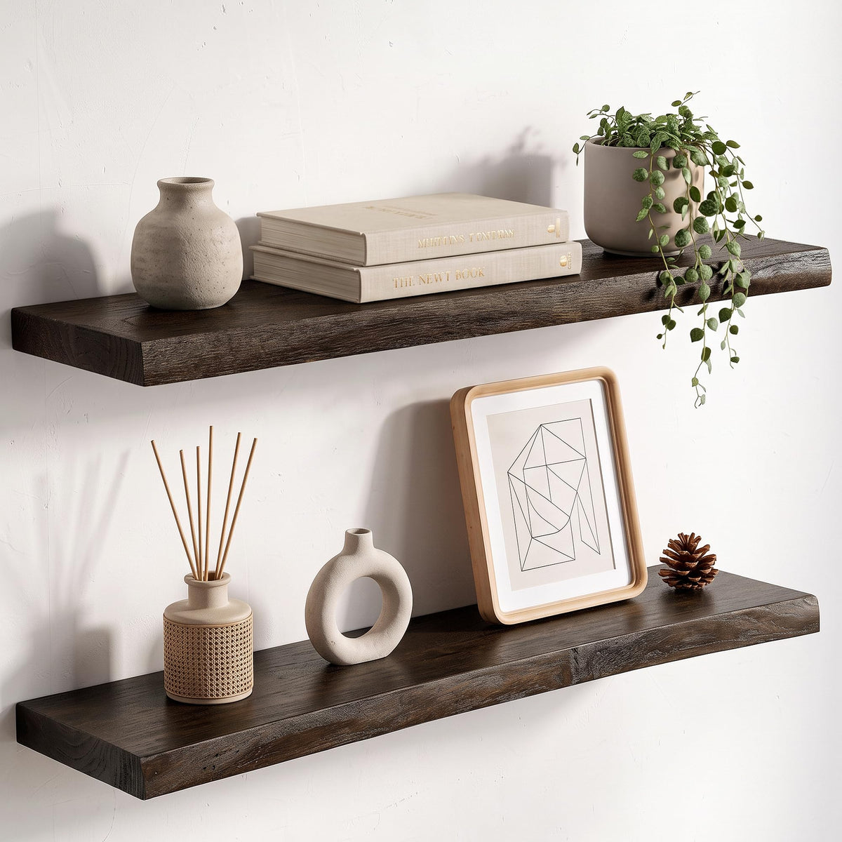 Live Edge Elm Floating Shelves - 24 In Rustic Solid Wood Shelves with Heavy-Duty Invisible Bracket, Wall-Mounted Wooden Shelf for Living Room, Bathroom, Kitchen Storage & Display, Set of 2, Natural