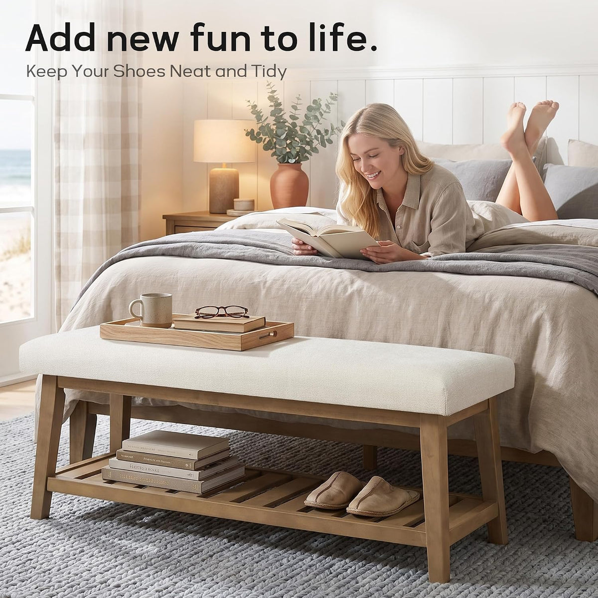 Zihanhome Entryway Shoe Bench, End of Bed Bench,Upholstered Bench(Beige)