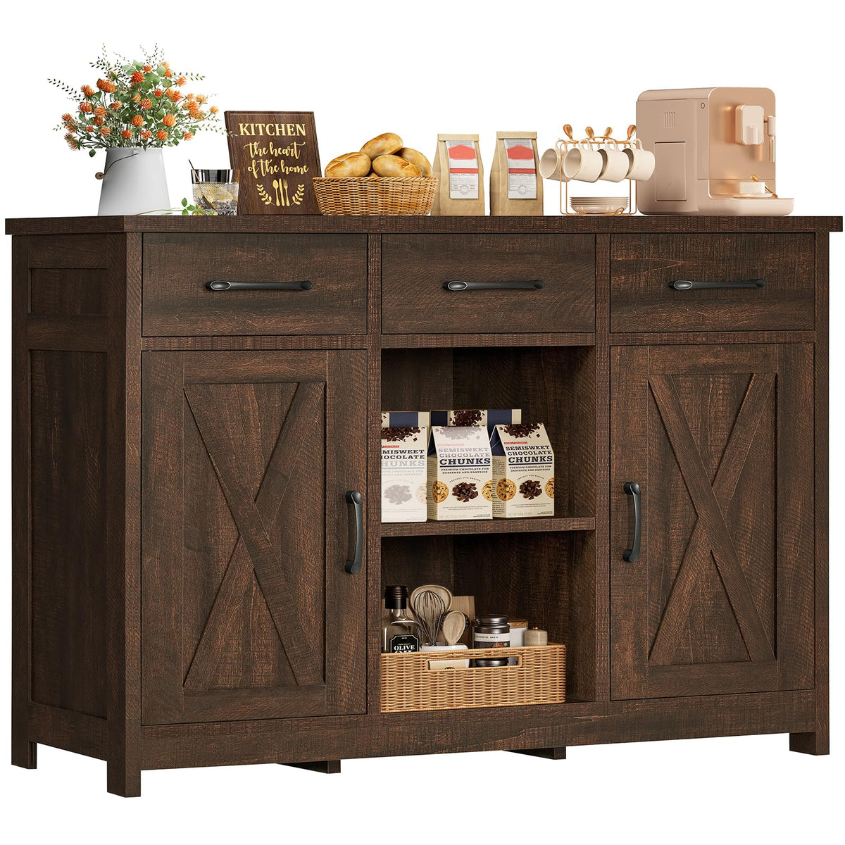 TEENFON Storage Cabinet, Coffee Bar Cabinet with 3 Drawers, 2 Adjustable Shelves & 2 Doors, Buffet Cabinet, Kitchen Cabinet for Kitchen, Dining Room, Living Room, White