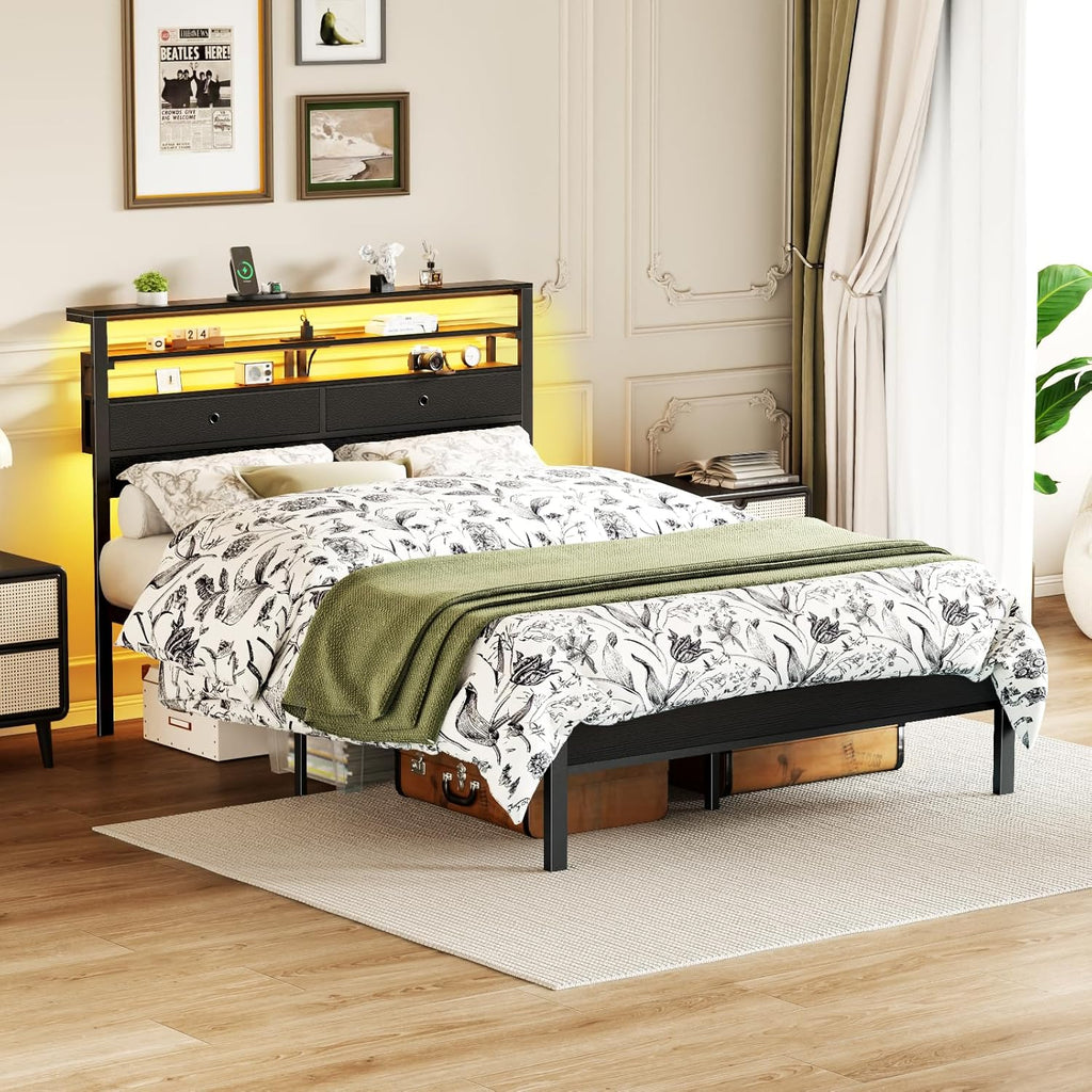 Furnulem Full Size Bed Frame with Headboard & 2 Fabric Drawers, Black Oak