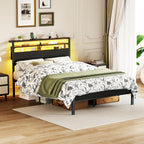 Furnulem Full Size Bed Frame with Headboard & 2 Fabric Drawers, Black Oak