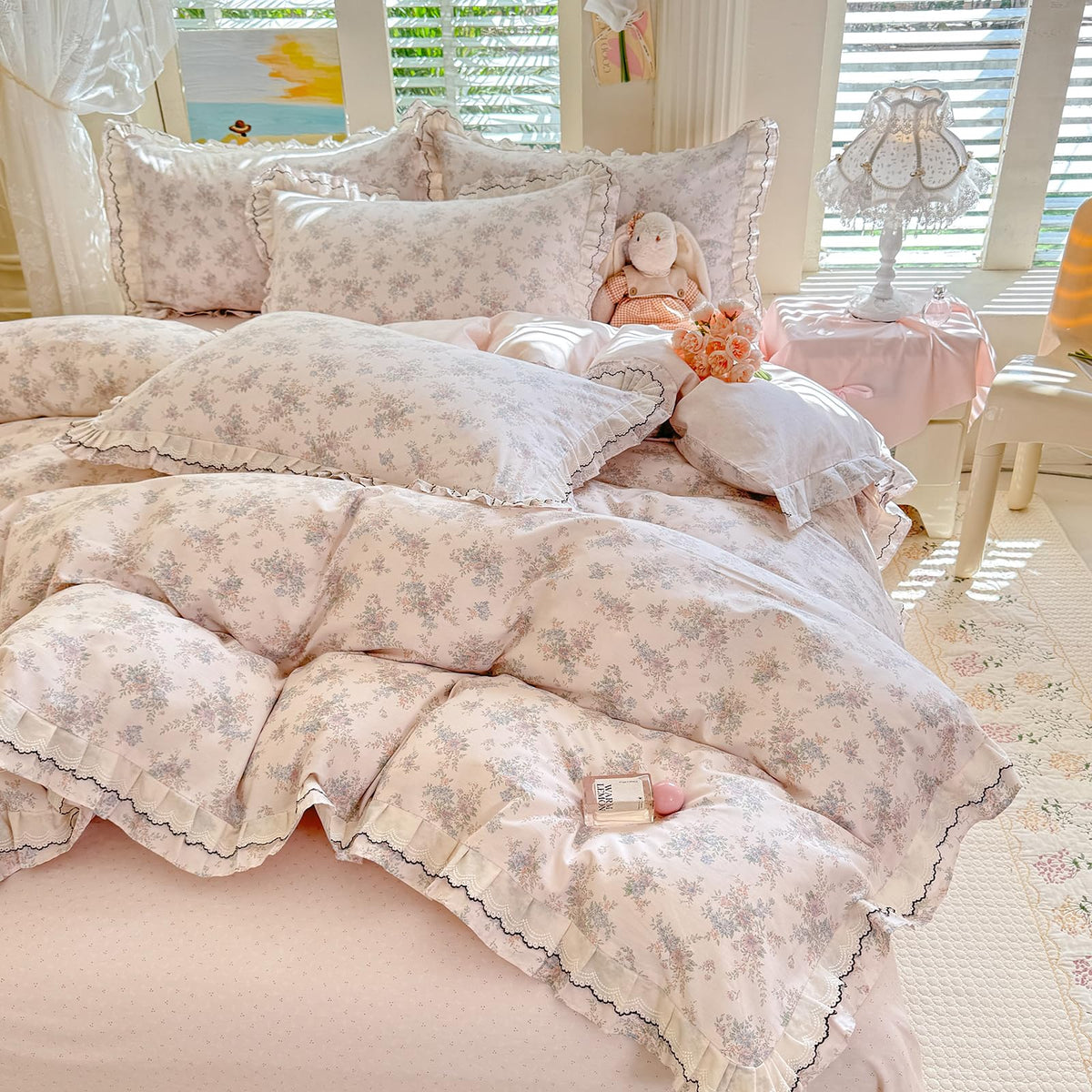 LifeTB Green Floral 100% Jersey Knit Cotton Duvet Cover Queen Vintage Style Botanical Floral Bedding Set Chic Shabby Green Floral Comforter Cover Girl Women Flower Bedding Cover with 2 Pillowcases