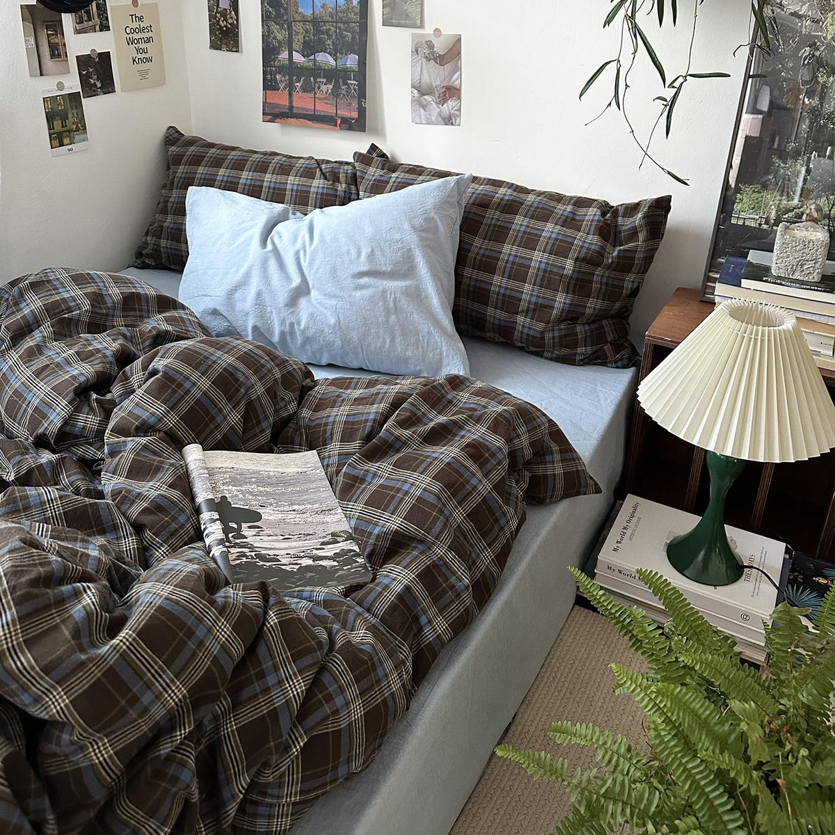 mixinni Vintage Buffalo Plaid Duvet Cover Set Queen Size - 3 Piece Washed Cotton Bedding Set with Grid Pattern, Soft & Breathable Duvet Cover with Pillowcases for All Seasons,(Brown & Blue,Beige)