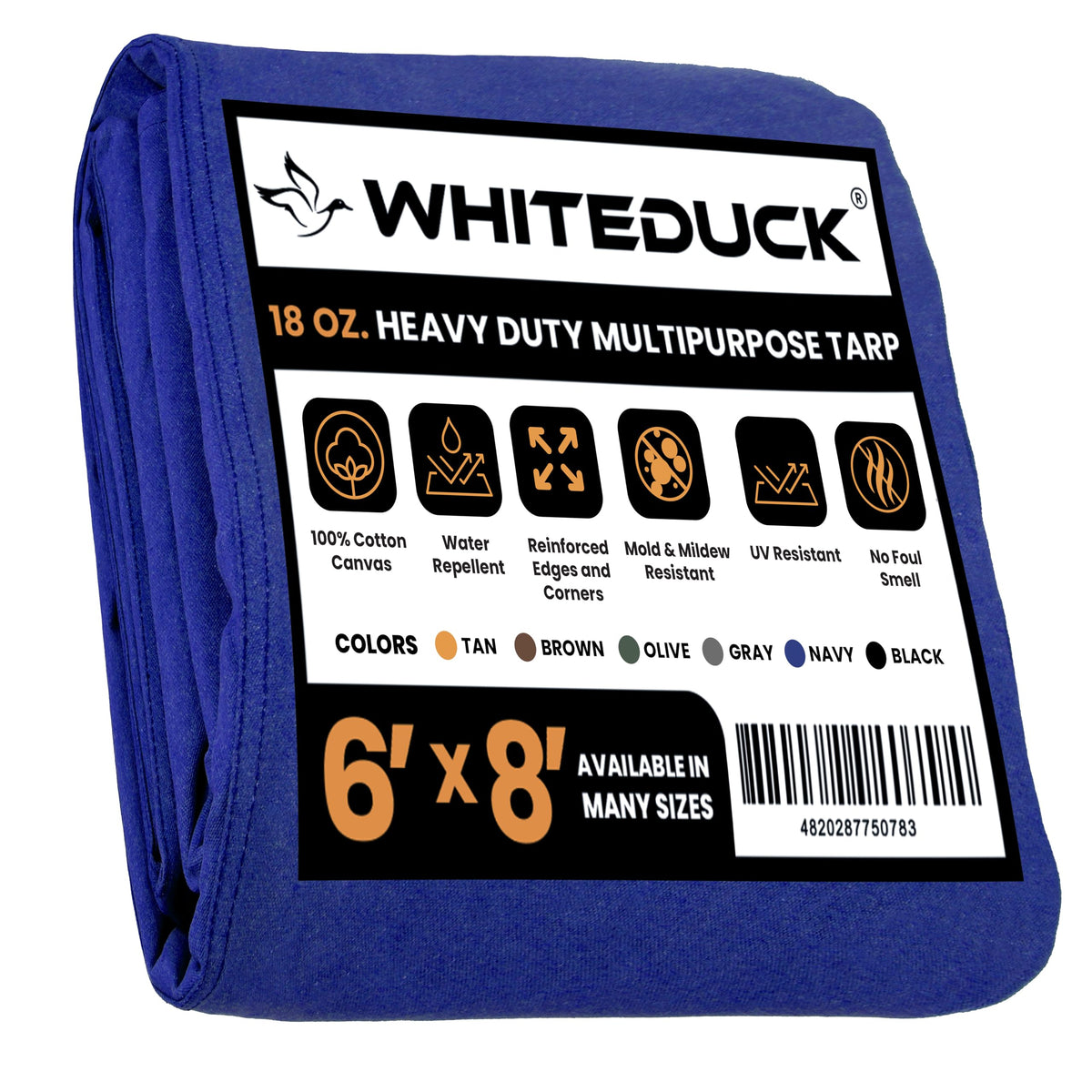 WHITEDUCK Canvas Tarp 18 oz. Heavy Duty Water Repellent UV Resistant, Rustproof Grommets, Industrial & Commercial Use Cloth Tarp (Cut Size: 8'x12', Finished Size: 7'6"x11'6", Olive Drab)