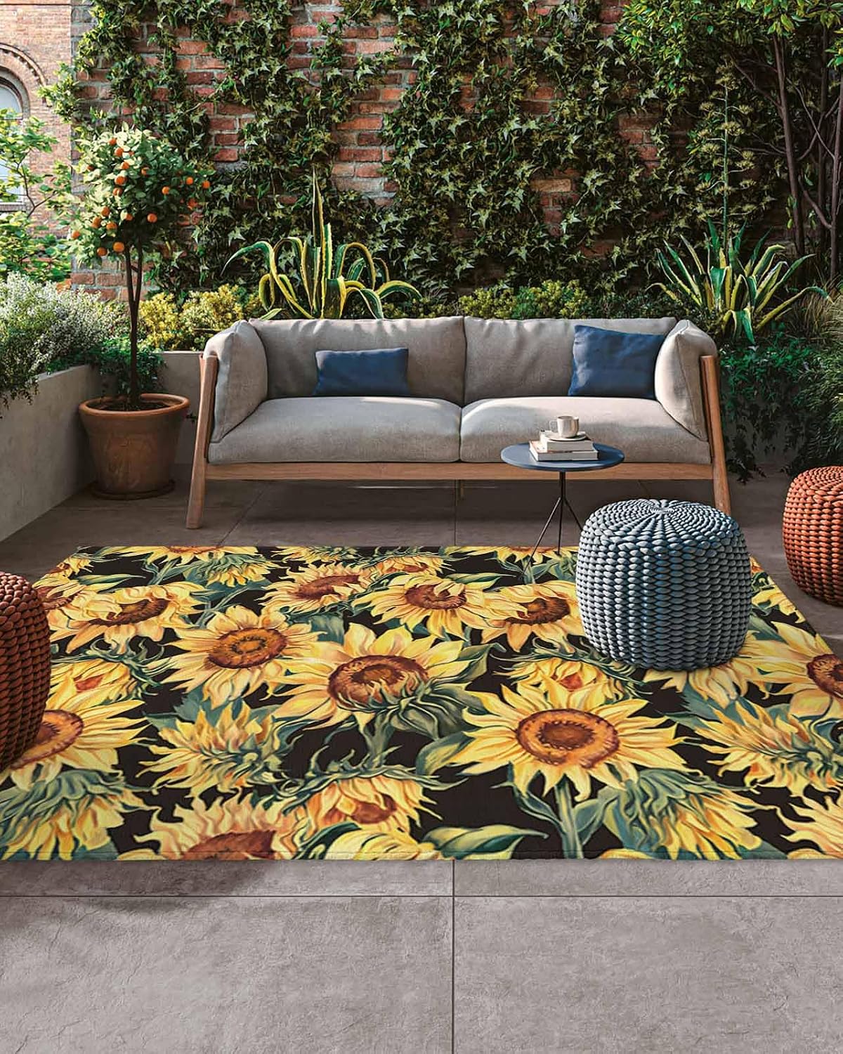 Watercolor Sunflower Outdoor Rug 5x8ft, Waterproof Indoor Outdoor Rug for Patio, Summer Plant Camping Carpet Mat Outside Area Rug for RV Picnic Beach Balcony Deck Backyard