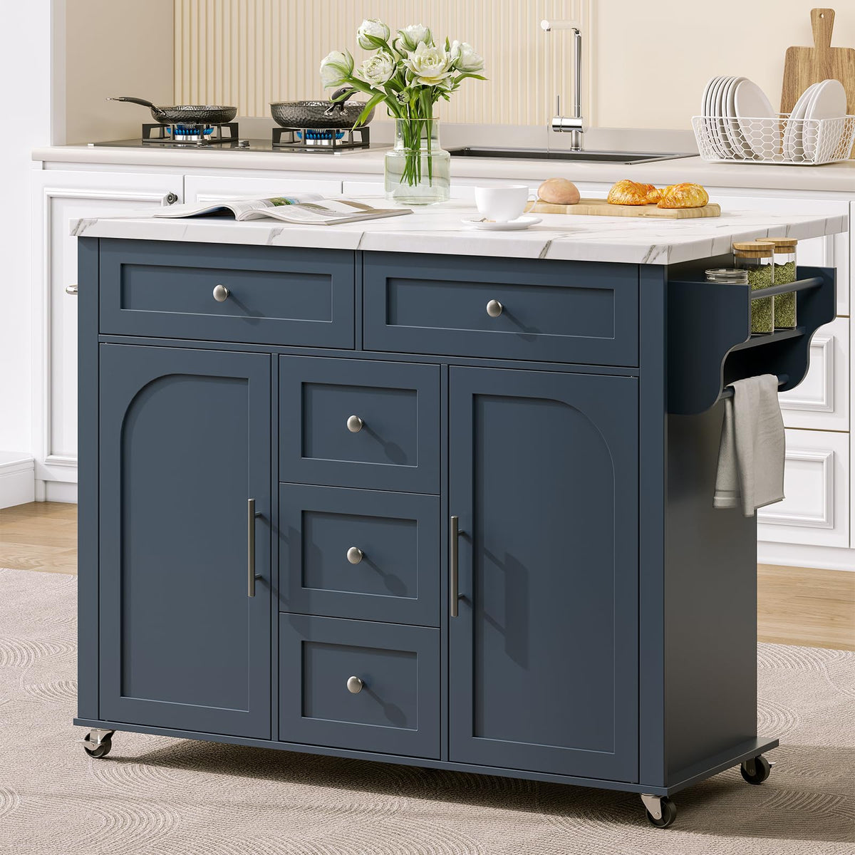 ONBRILL 47" Kitchen Island with 2 Storage Cabinets & 5 Drawers, White