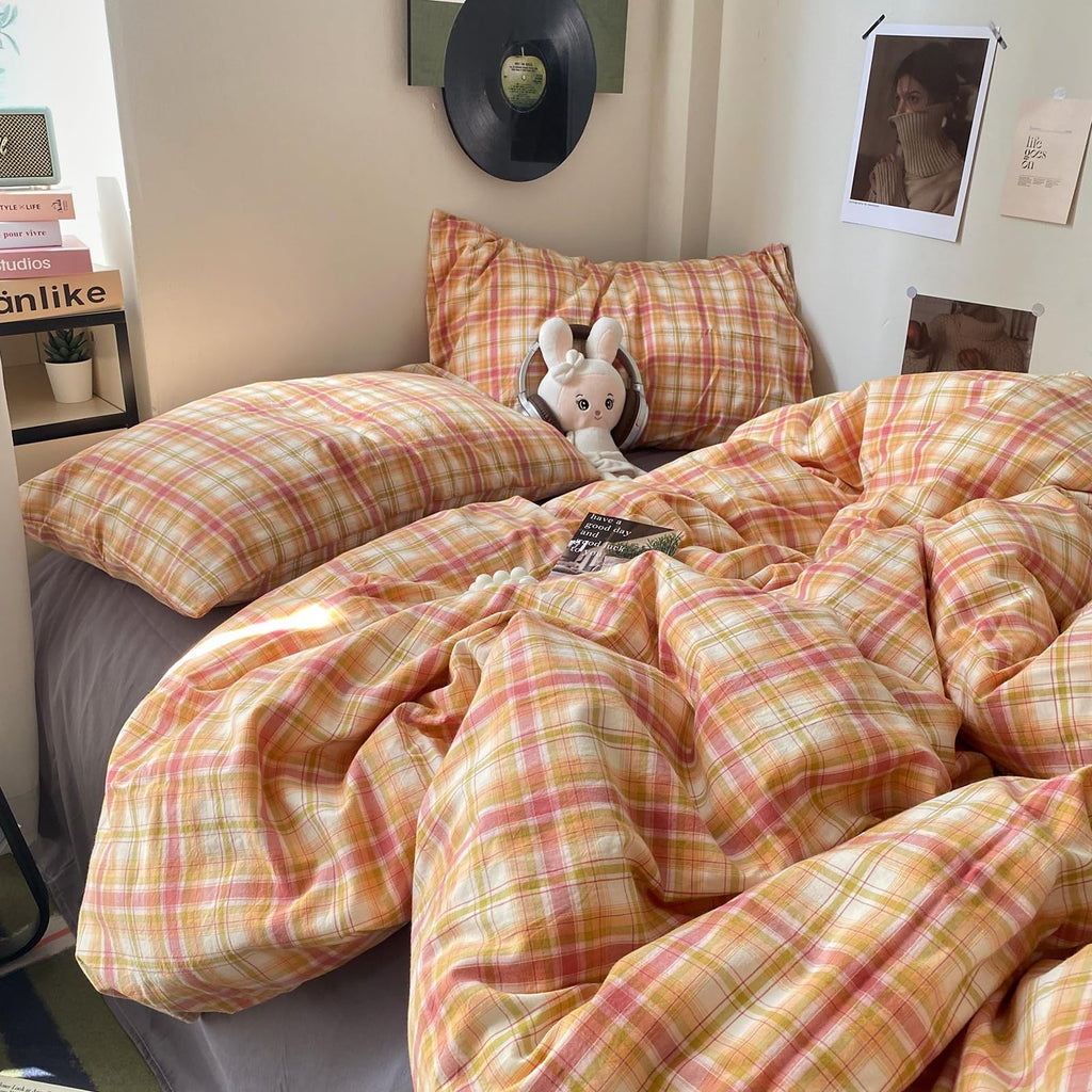 EAVD Vintage Buffalo Plaid Duvet Cover Queen Red&Black&Green Muslin Cotton