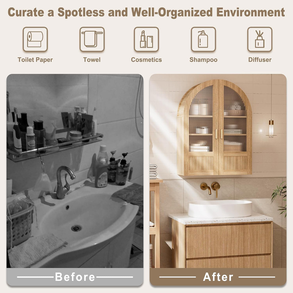 INNOD 4-Tier Arched Bathroom Wall Cabinet with Adjustable Wood Shelves, Over the Toilet Storage Cabinet with Acrylic Doors, Medicine Cabinet for Laundry Room & Living Room Kitchen (Natural Oak)
