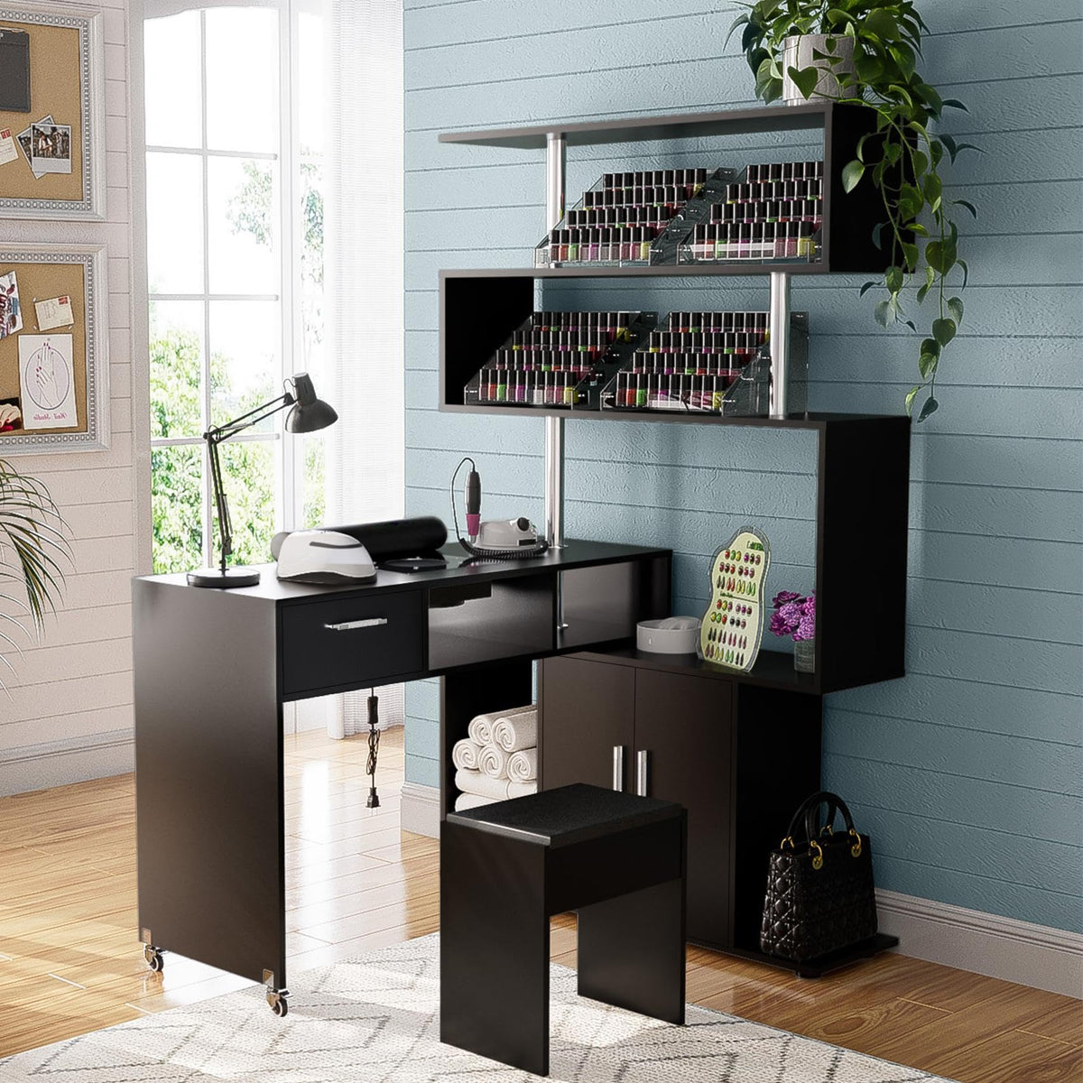 Kikihouse Manicure Table with Dust Collector, L-Shaped Nail Desk with Stool