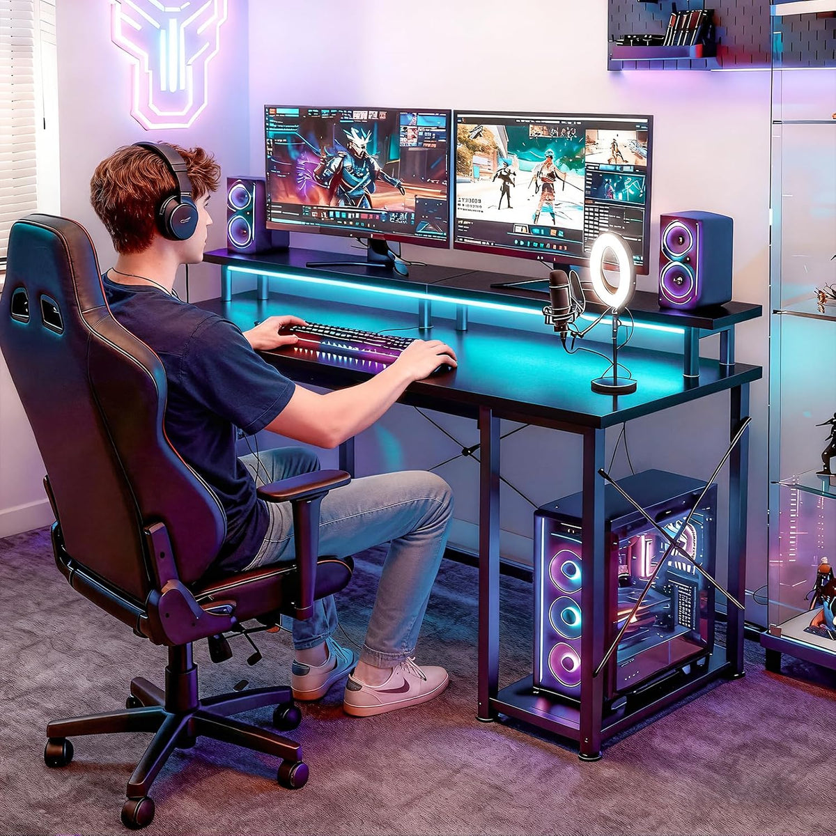ODK 48 Inch Gaming Desk with LED Lights & Storage Shelves, Black