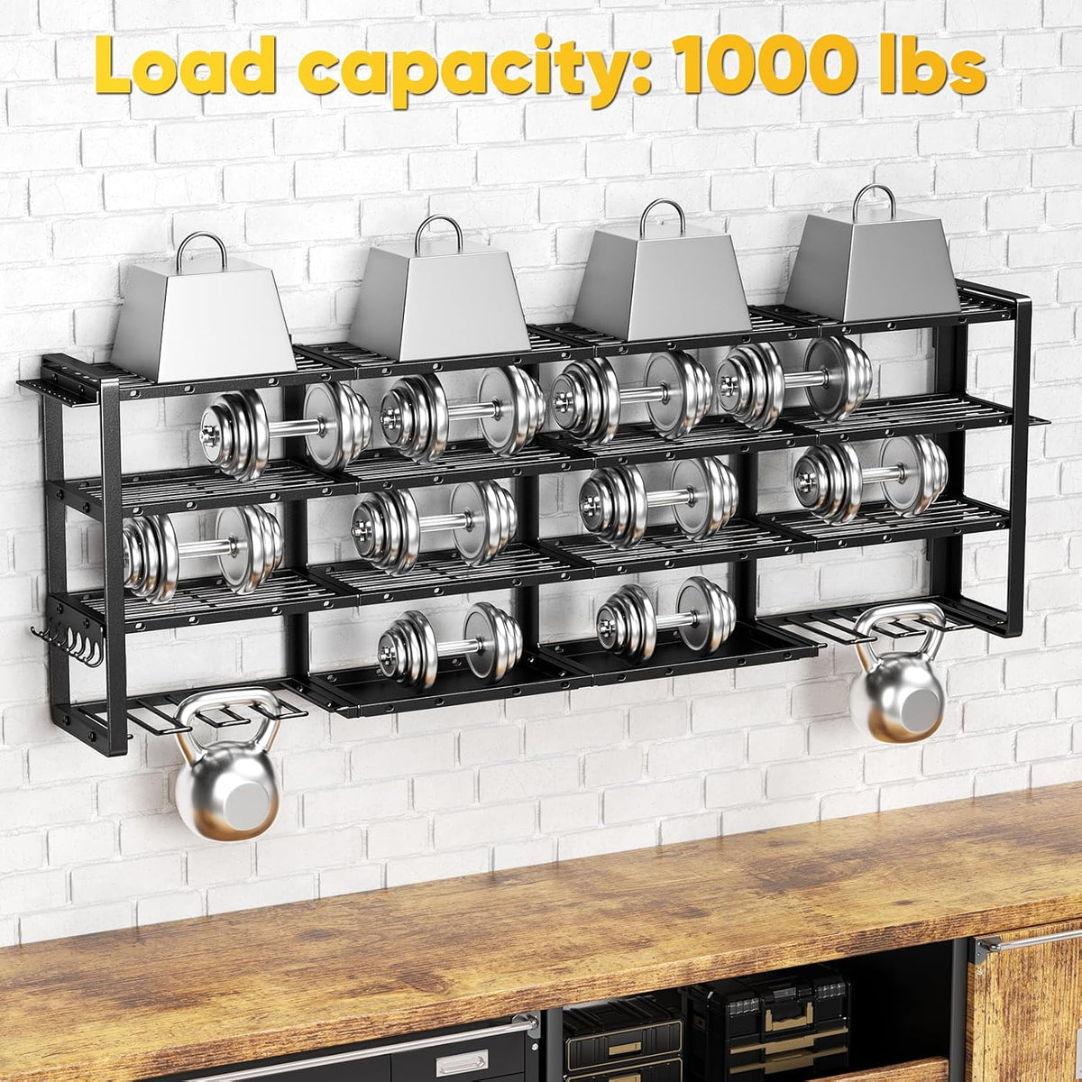 POKIPO Extra Large 64" W Power Tool Organizer Wall Mount, 1000 lbs Load Capacity, Heavy Duty 4 Tier Garage Storage Rack with 8 Drill Holders, 2 in 1 Corner or Straight Installation