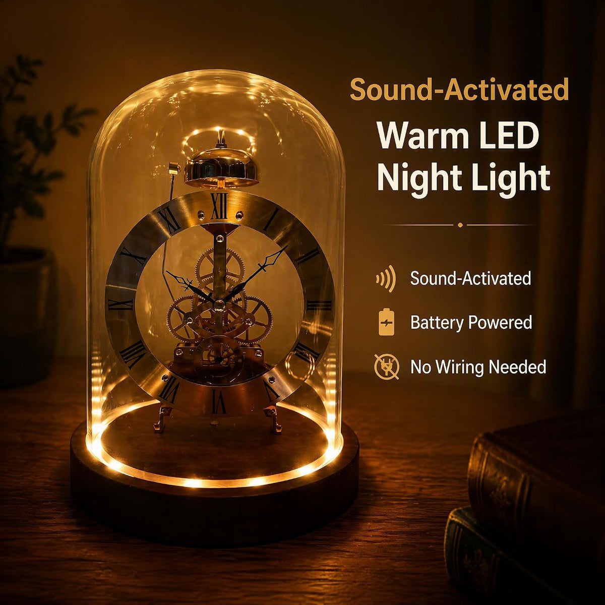 Mechanical Vintage Glass Dome Table Clock, Black Walnut Night Light Desk Clock, Sound-Activated Warm LED Night Light, Quartz + Mechanical See-Through Movement, Desk Decor Accessories