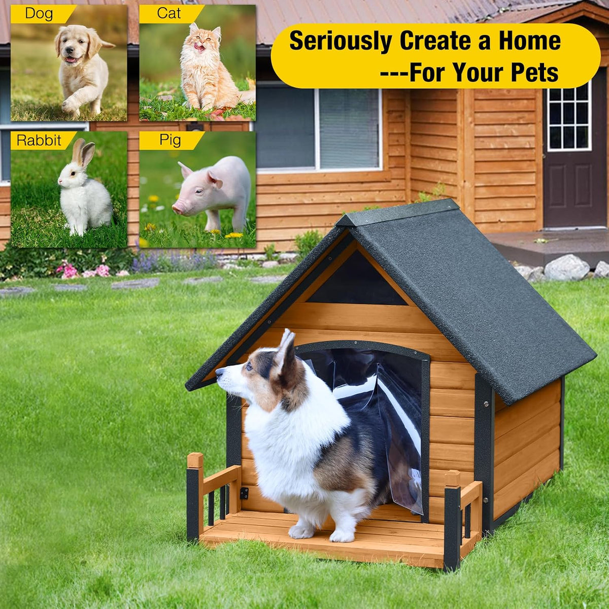 Dog House Outdoor,Dog Kennel Outside for Small Breed,Weatherproof Small Dog Shelter with Anti-Chewing Iron Frame (Brown-N, 45" D x 32.9" W x 32.6" H)