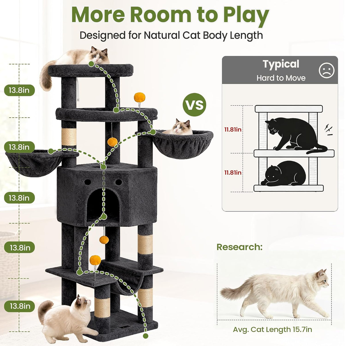 Cat Tree Tower for Indoor Large Adult Cats, 73in Tall Heavy Duty with Perch