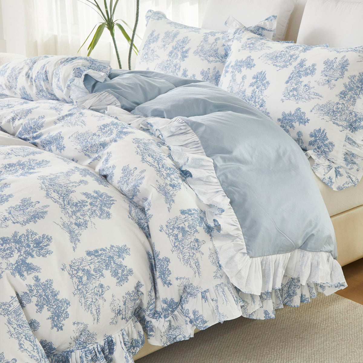 Brandream French Country Toile Queen Duvet Cover Set for Girl Women Bedroom Vintage Pink Toile Floral Print 100% Cotton Duvet Quilt Comforter Cover Pillow Shams Set with Delicate Ruffle Fringe