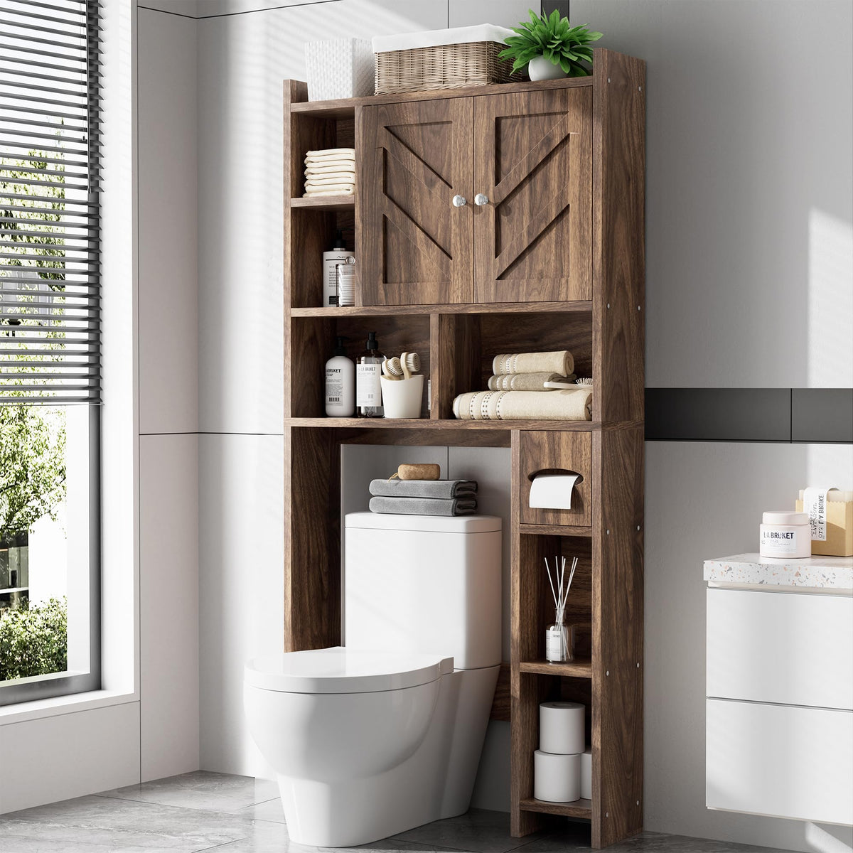 Over the Toilet Storage Cabinet, Freestanding Storage Cabinet Over Toilet, Bathroom Storages Organizer Cabinets with Toilet Paper Holder Stand and Adjustable Shelf, White