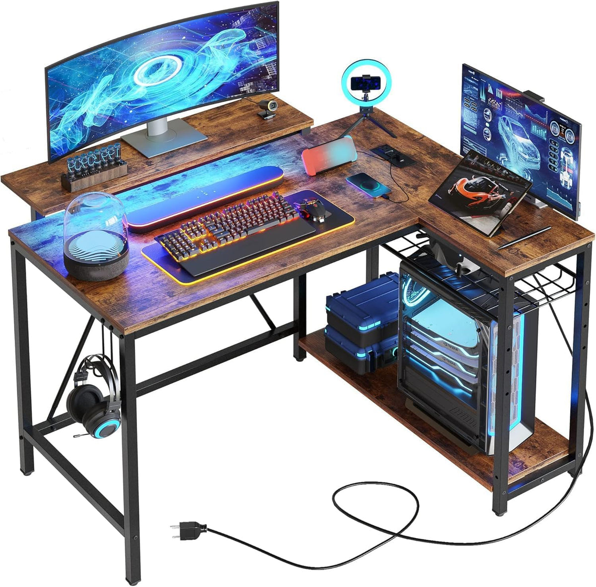 Bestier 42-Inch Pink L-Shaped Gaming Desk with Charging & LED