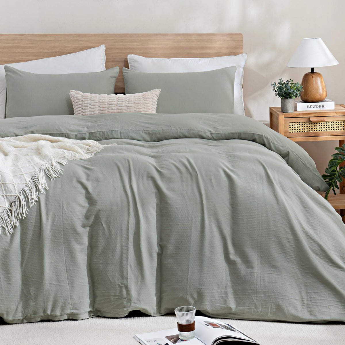 TOCOMOA Tan Gingham Duvet Cover Set Washed Cotton Like Linen, Cal King