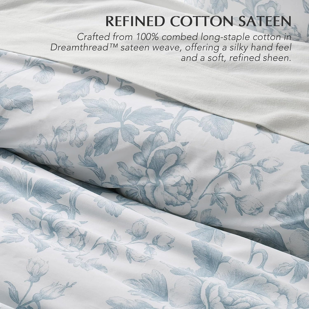 EverGrace 100% Cotton Sateen Duvet Cover Set, King Size, Blue Linen