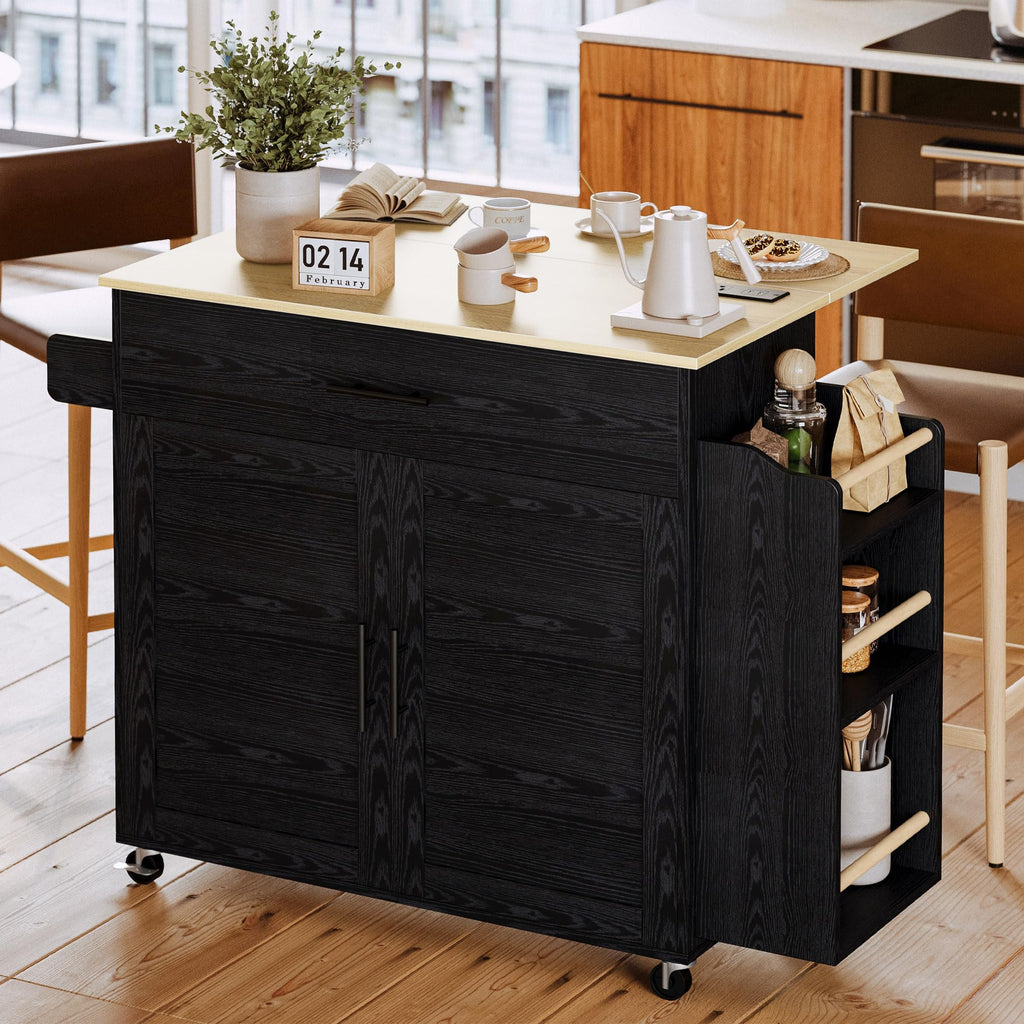 IRONCK Kitchen Island with Storage, Charging Station and Drop Leaf, White