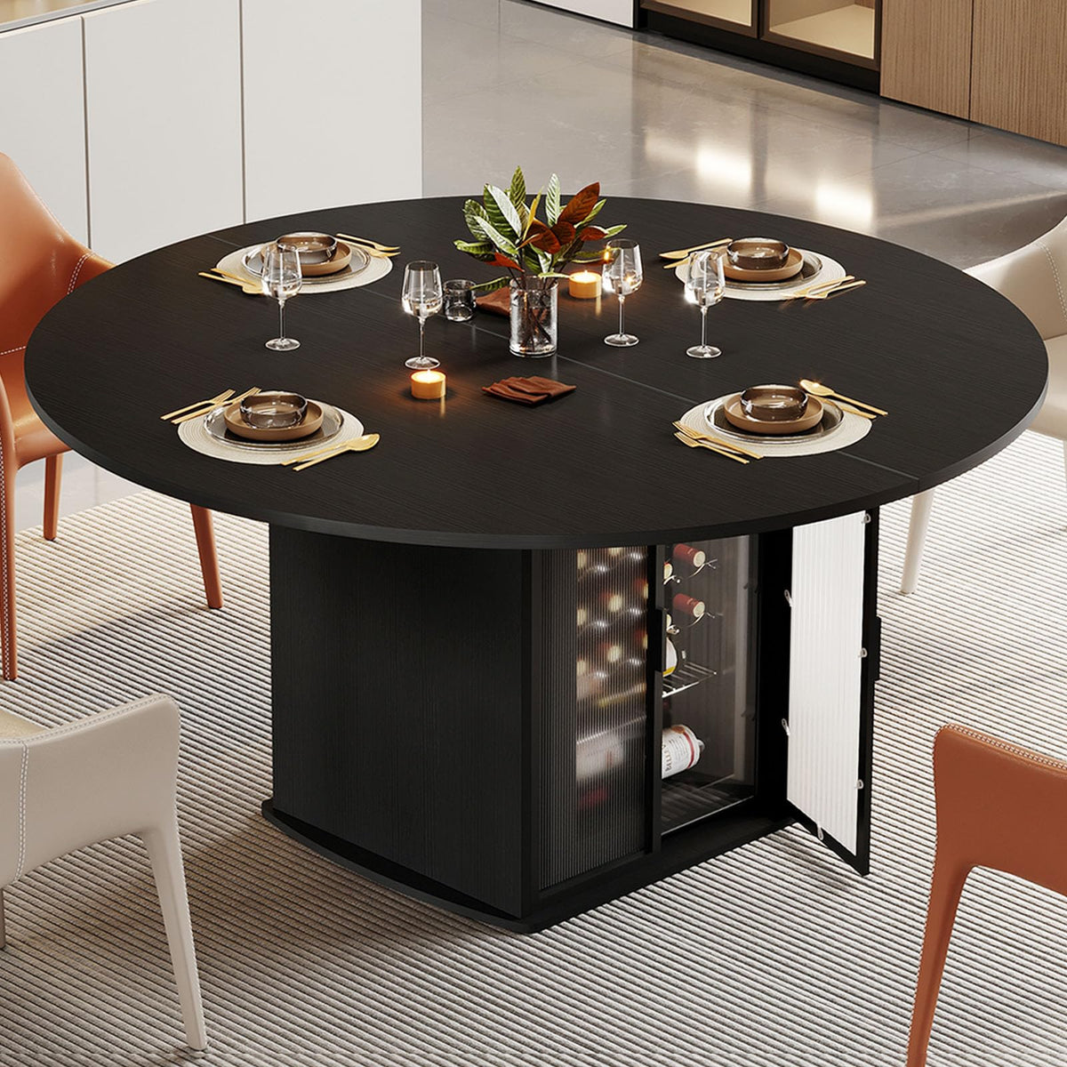 IBF 47" White Faux Marble Round Dining Table with Storage for Dining Room