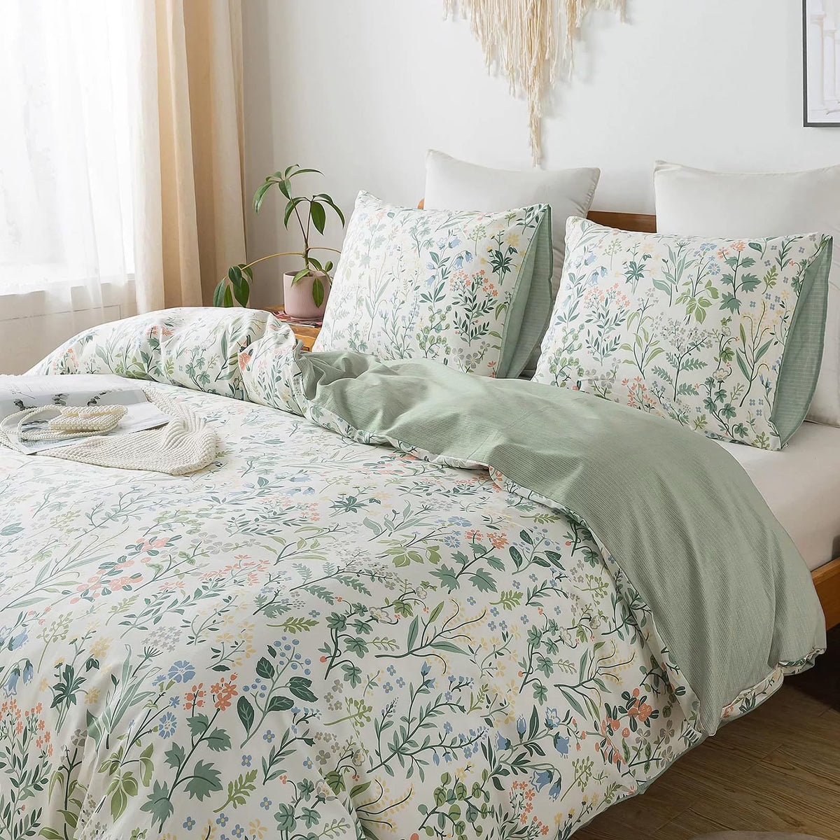 Floral Duvet Cover Set Muslin Cotton Queen(90"x90"),Pink Flower