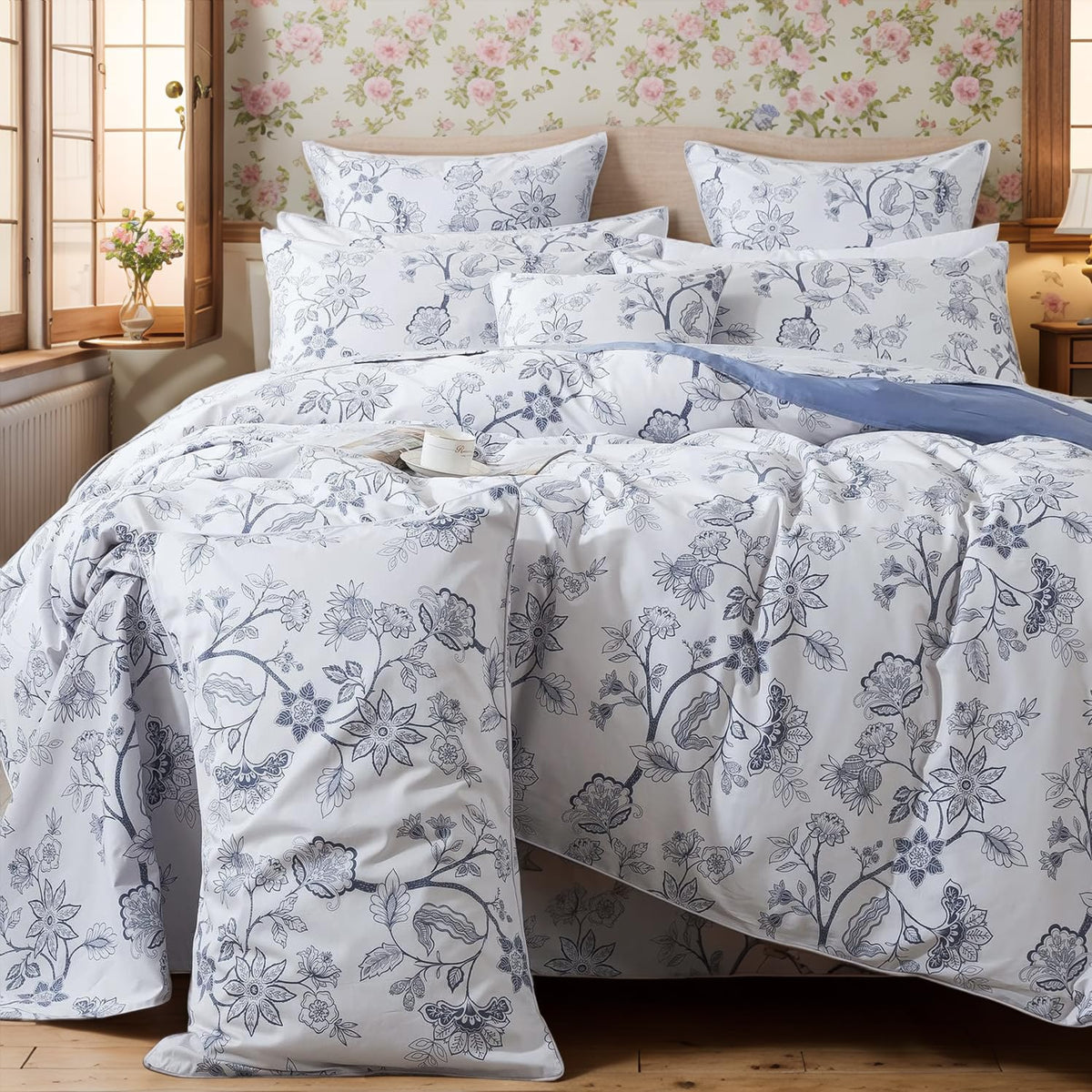 FADFAY Floral Duvet Cover Set 100% Cotton Green Striped and Beige Bedding White Flower Branches Print 600 TC Soft Reversible Zipper Bed Cover & 2 Pillowcases,King/Cal King(106x92)