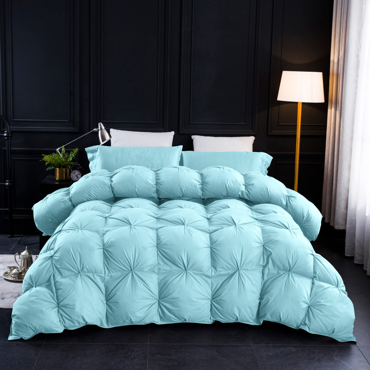 Three Geese Pinch Pleat Waterfowl Feathers and Down Comforter Queen Size Duvet Insert, 1200TC 100% Cotton Fabric, Premium All Seasons BlackGrey Warm Hotel Comforter with 8 Tabs.