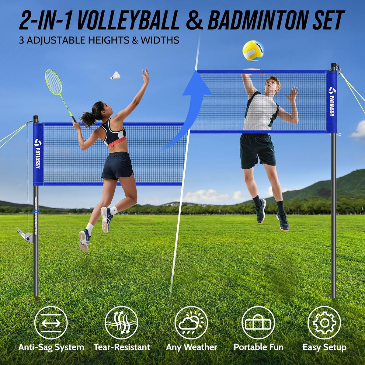 Portable Volleyball Net Set for Backyard, Adjustable Width (32/26/20FT) & Height, Anti-Sag Tension Design for Outdoor Stability, PU Volleyball with Pump, Carry Bag
