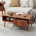 LCRBOL Coffee Table with Fluted Sliding Door, Mid-Century, Walnut