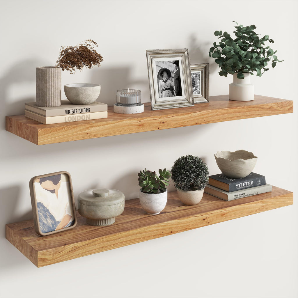 Live Edge Elm Floating Shelves - 24 In Rustic Solid Wood Shelves with Heavy-Duty Invisible Bracket, Wall-Mounted Wooden Shelf for Living Room, Bathroom, Kitchen Storage & Display, Set of 2, Natural