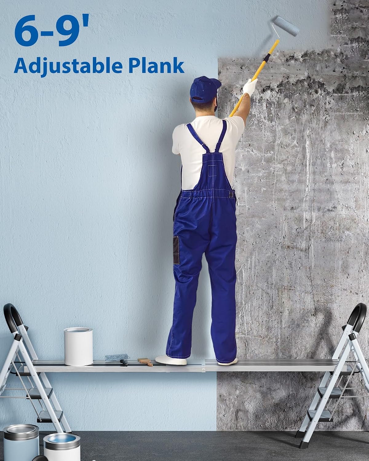 ACEKOOL 6-9FT Aluminum Scaffolding Plank, 440Lbs Capacity Aluminum Telescoping Work Plank, 12.5 Inch Width, Extension Plank with Skid-Proof Platform, Viscous Straps for Ladder Accessory