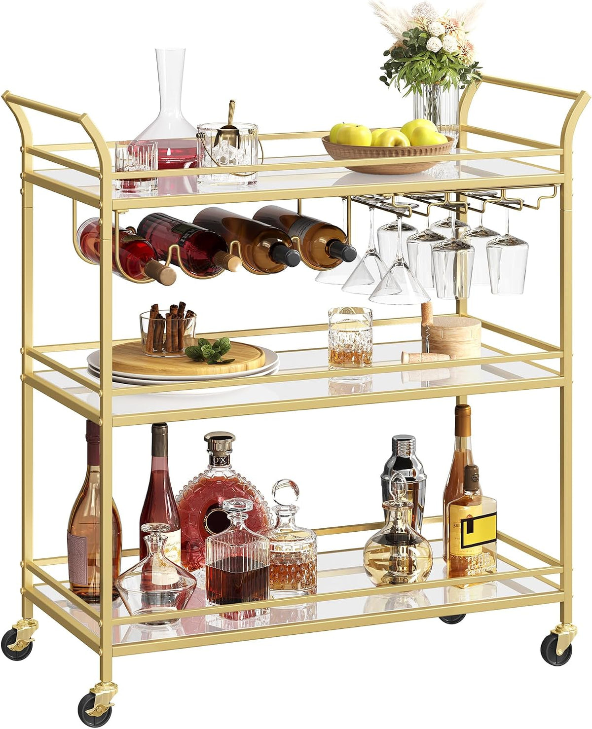 VASAGLE Bar Cart Gold, Large Home Bar Serving Cart with 3-Tier